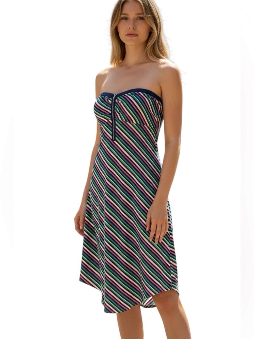 ROXY: Strapless Neon Striped Dress with open back and Zipper front -Size Small